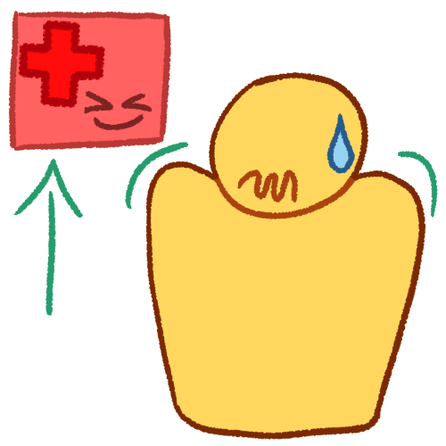  a drawing of a plain yellow person looking uncomfortable, with their shoulders raised, their mouth in a squiggly line, and a sweat droplet on their head. next to them is a pink square containing a basic drawing of a medical cross and a laughing face with a green arrow pointing to it.